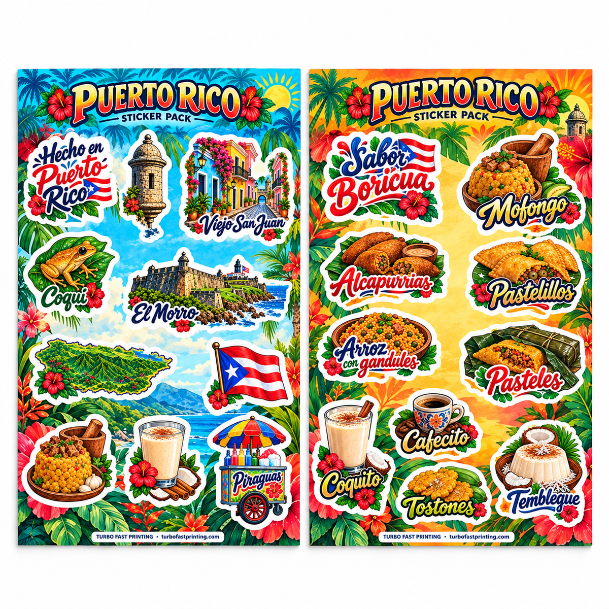 Dos hojas de stickers de Puerto Rico con coquí, bandera, Viejo San Juan, mofongo, pasteles, coquito y comida boricua.