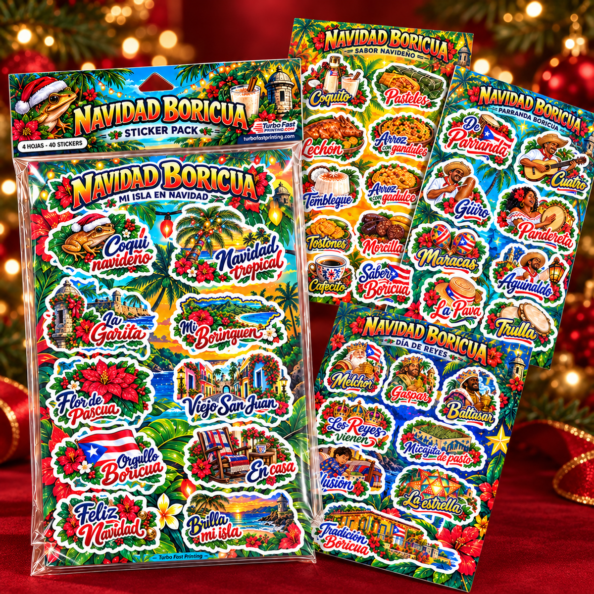 Navidad Boricua Sticker Pack de Turbo Fast Printing con empaque y cuatro hojas, presentado sobre un fondo navideño rojo con luces doradas.