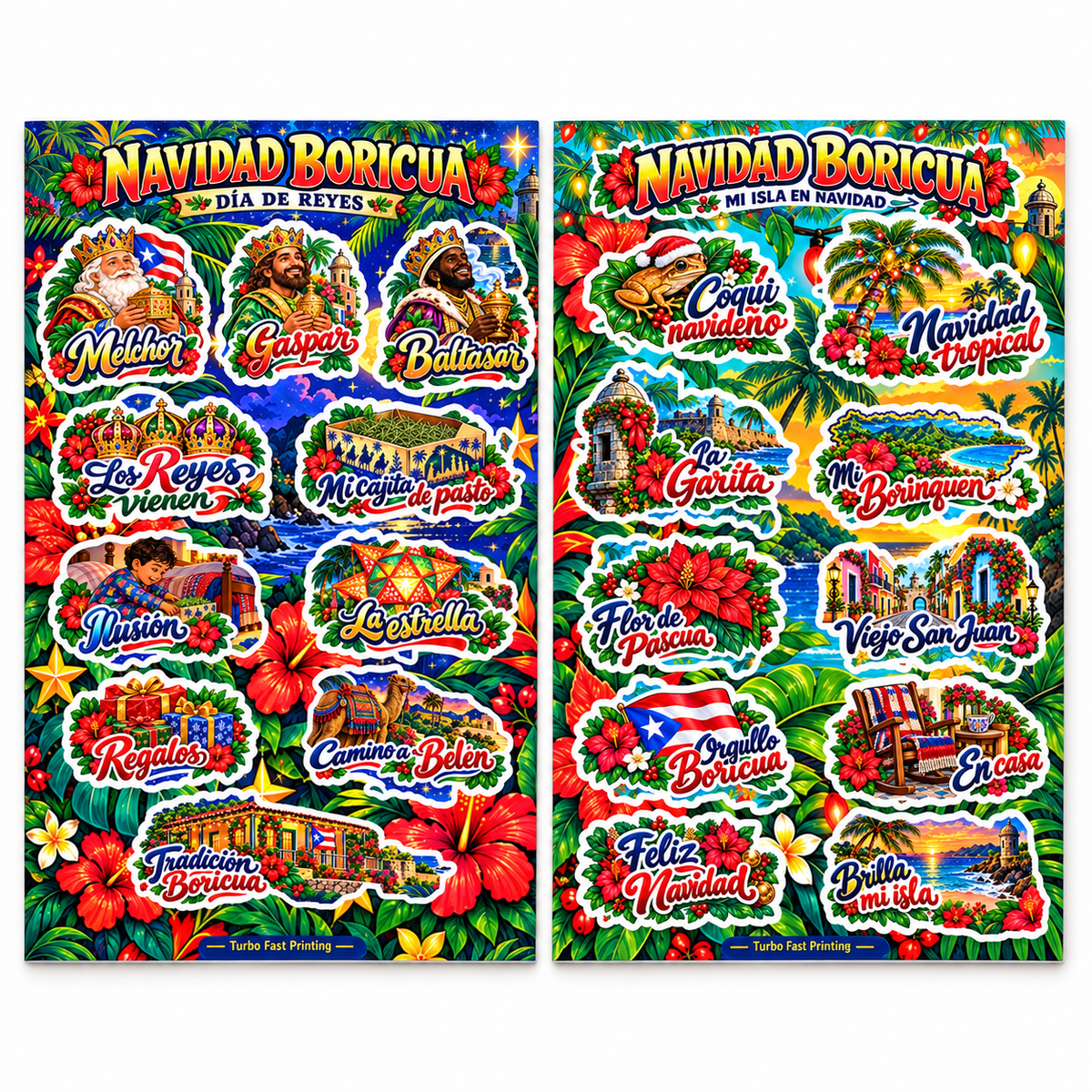 Hojas Día de Reyes y Mi Isla en Navidad con stickers de los Reyes Magos, coquí navideño, garita, bandera y paisajes de Puerto Rico.
