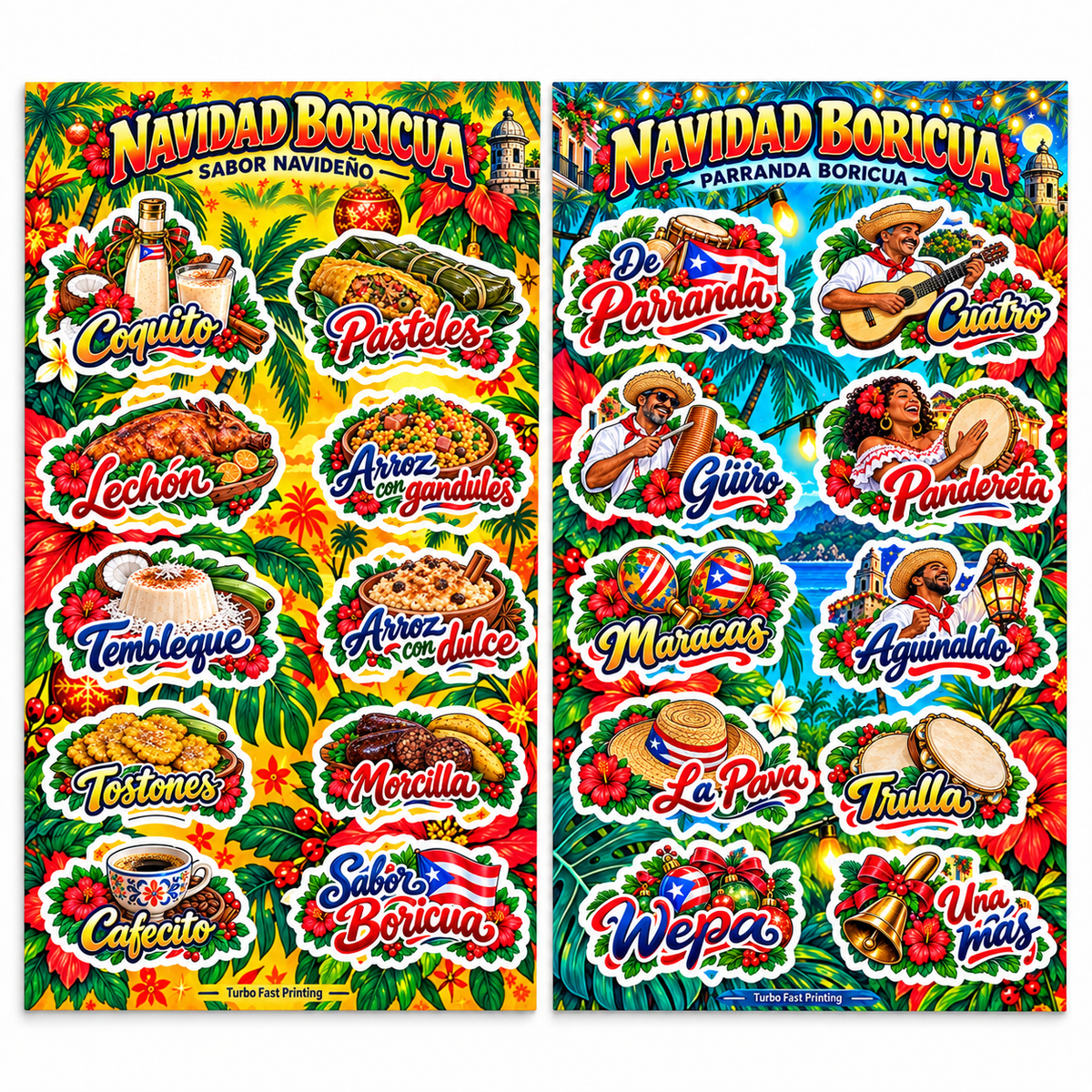 Hojas Sabor Navideño y Parranda Boricua con stickers de coquito, pasteles, lechón, cuatro, güiro, pandereta y tradiciones navideñas de Puerto Rico.