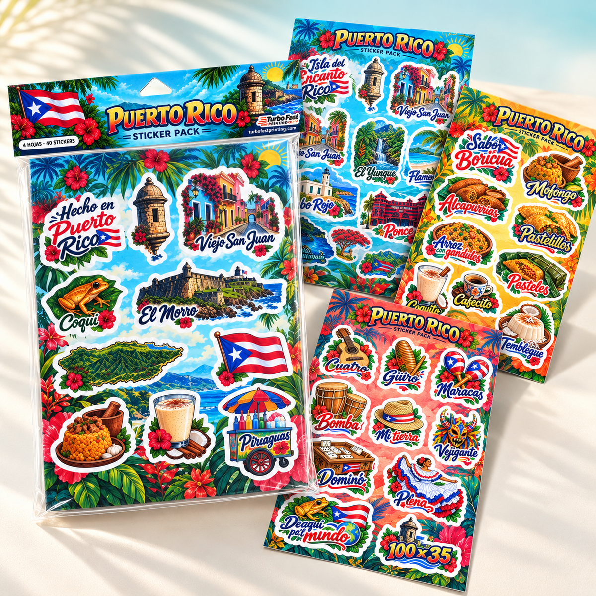 Puerto Rico Sticker Pack de Turbo Fast Printing con empaque y cuatro hojas de stickers de cultura, comida y lugares de Puerto Rico.