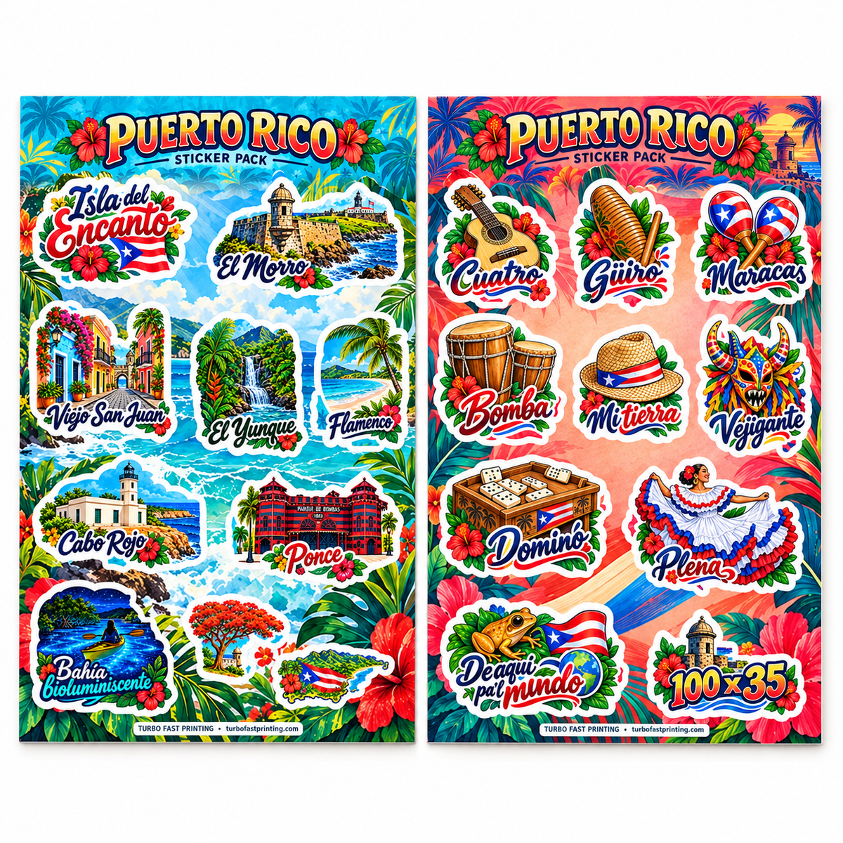Hojas de stickers de lugares y cultura de Puerto Rico con El Morro, El Yunque, Ponce, cuatro, güiro, maracas, dominó y plena.
