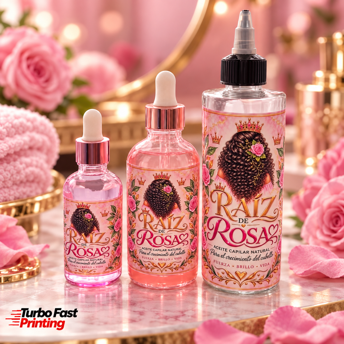 Raíz de Rosas labels on three hair oil bottles