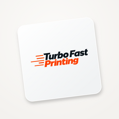 Custom Rounded-Corner Square Stickers — white sticker with the Turbo Fast Printing logo