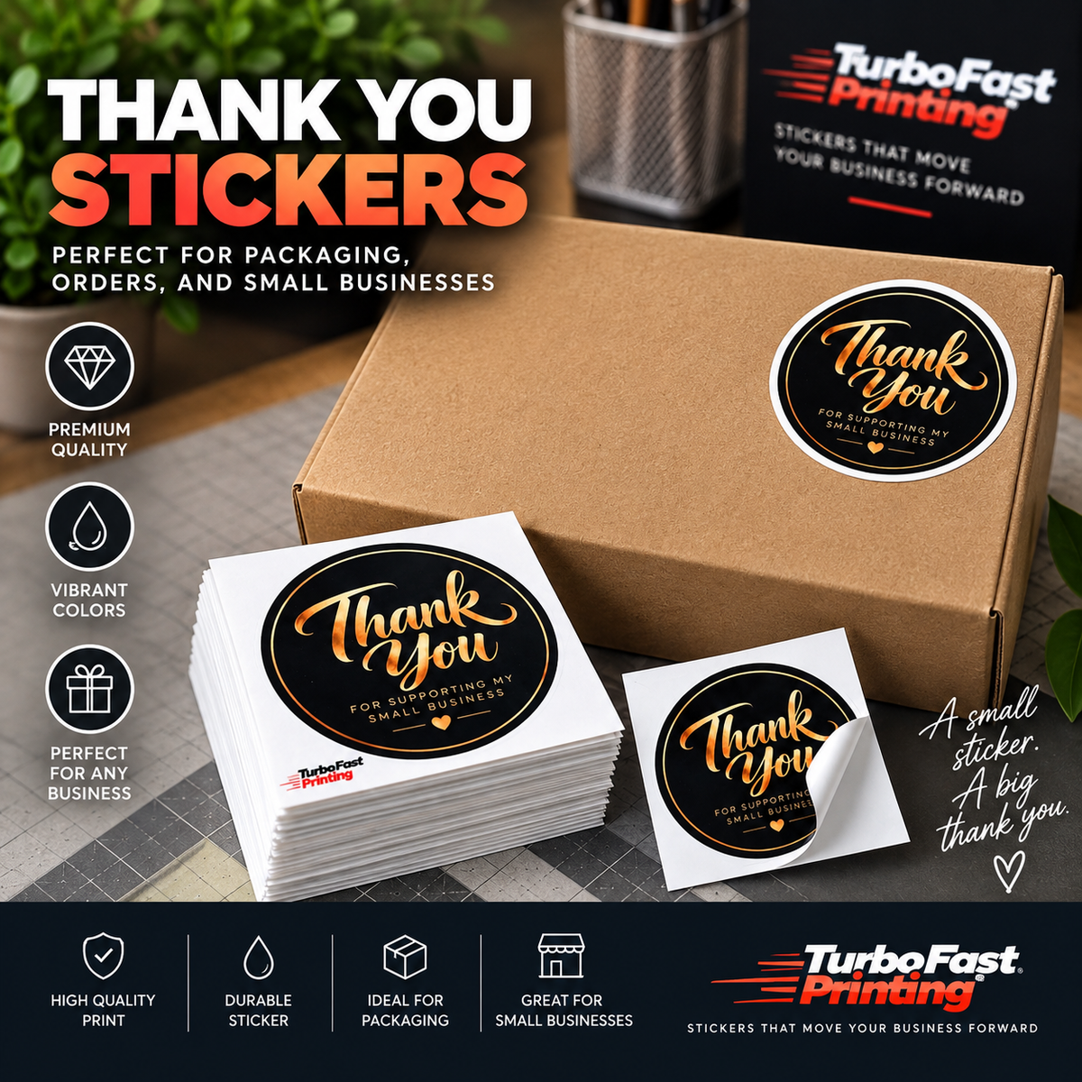 Black and gold Thank You for Supporting My Small Business stickers on packaging