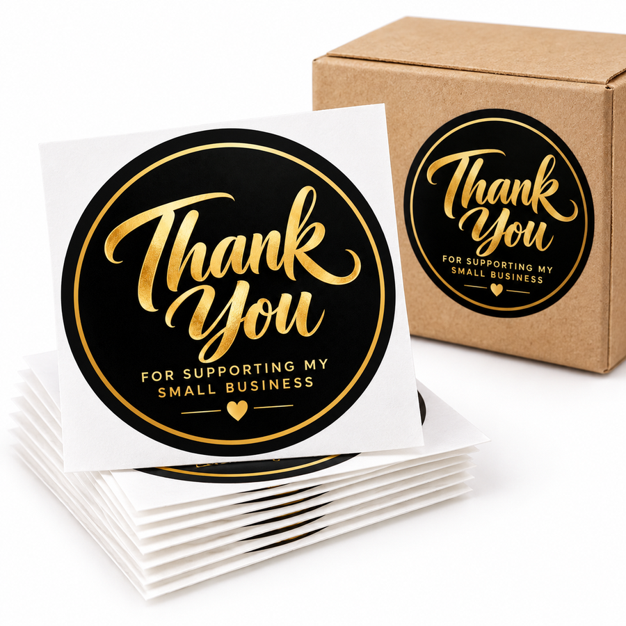 Black & Gold Thank You Stickers – 2″ × 2″