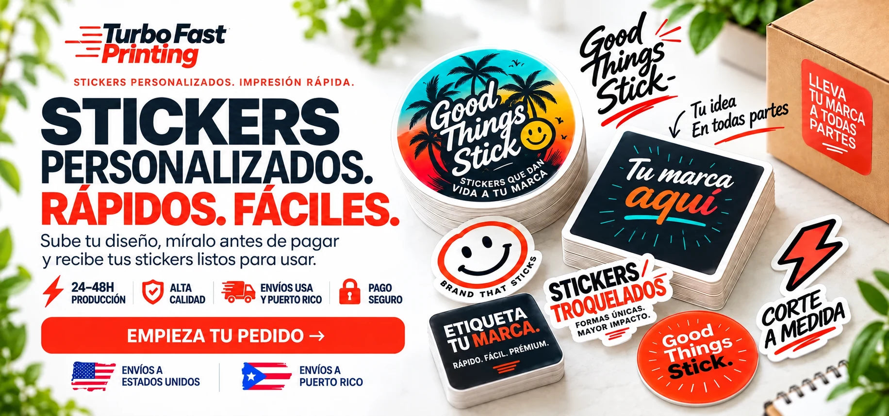 Turbo Fast Printing: stickers personalizados, rápidos y fáciles. Sube tu diseño y revísalo antes de pagar. Producción en 24–48 horas. Envíos a Estados Unidos y Puerto Rico. Pago seguro.