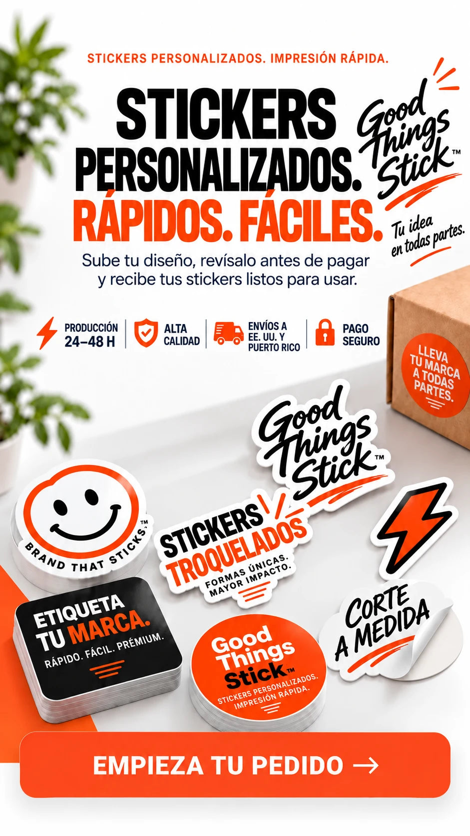 Stickers personalizados. Rápidos y fáciles. Sube tu diseño y revísalo antes de pagar. Producción en 24–48 horas. Envíos a Estados Unidos y Puerto Rico. Pago seguro.